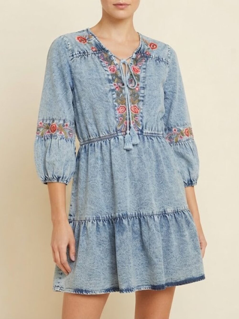 Scully Light Blue Embroidered Denim Long Sleeve Dress